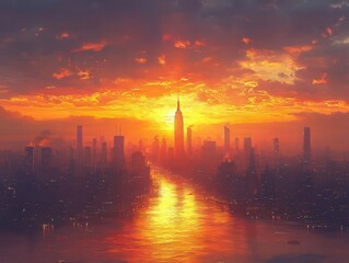 golden sunset casts a warm glow over an urban skyline, creating a breathtaking view that merges natural beauty with architectural marvels in the evening light