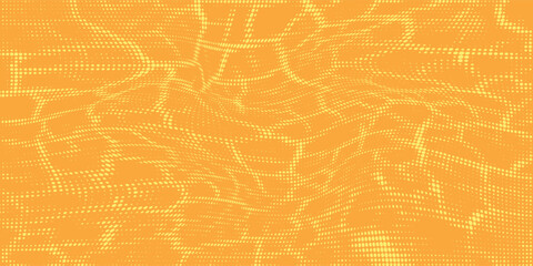 Yellow orange halftone pattern. Retro comic gradient background. Square pixilated dot cartoon texture. Pop art faded gradient pattern