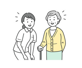 目線を合わせて笑顔で会話をする高齢女性と看護師の女性の上半身イラスト
