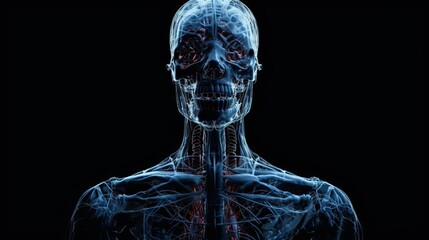 A close up of a human body with a skull on the face