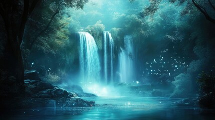 Enchanted Waterfall Flows Through Lush Forest, Glowing with Magical Light