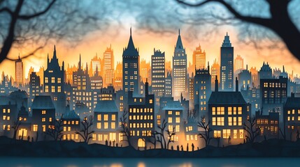 Fototapeta premium Detailed paper cut cityscape silhouette with soft lighting effects, perfect for urbanthemed wall art, paper cut cityscape, urban decoration