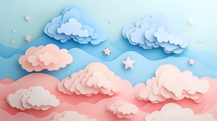 Dreamy paper cut clouds and stars in soft pastels, creating a serene, whimsical atmosphere, paper cut sky, whimsical decor