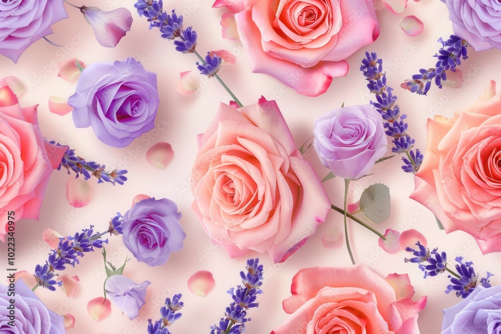 Poster roses and lavender intertwine beautifully, forming a colorful arrangement that adds a touch of elega