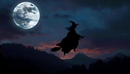 Fototapeta premium A mysterious witch flies beneath a glowing full moon, her silhouette framed against the night sky, as stars twinkle and the world below is bathed in moonlit shadows
