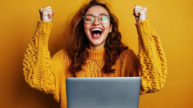 A woman wearing a yellow sweater and glasses celebrates in front of a laptop against a yellow background