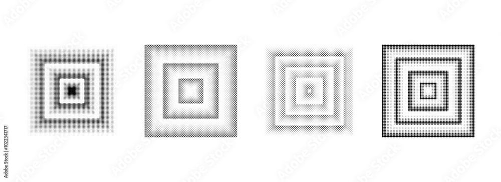Poster Halftone dotted square set. Black comic texture rectangle collection. Pixelated design elements collection. Abstract geometric bitmap background pack. Vector dithered overlay bundle