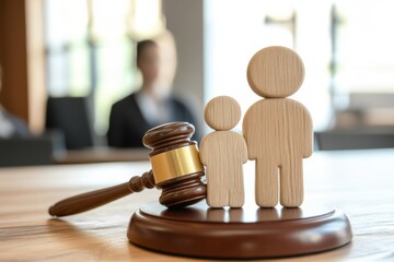 Wooden family figures and gavel on a judge's table during a courthouse hearing about joint custody and divorce proceedings
