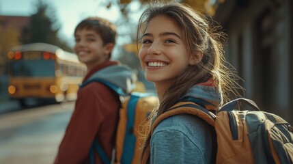 Fototapeta premium Smiling students with backpacks waiting for the school bus in the morning