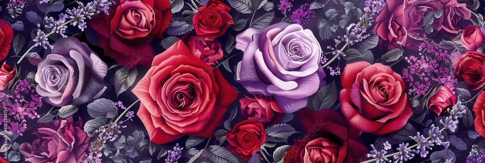 Poster Delicate roses and lavender intertwine in a stunning display of harmony, showcasing a colorful and captivating floral arrangement. Generative AI
