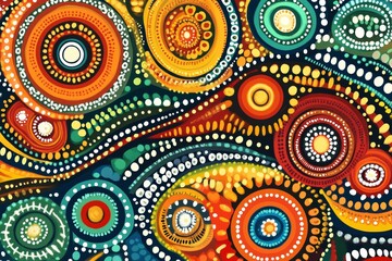 Vibrant aboriginal dot painting illustrating traditional stories and cultural heritage with intricate patterns and rich colors