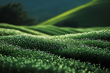 Dew-Covered Green Grass with White Flowers and Bokeh