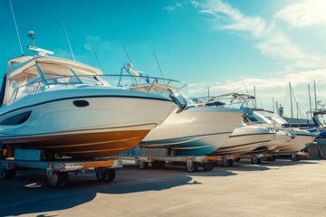 Luxury boats for sale on trailers in a vibrant parking lot on a sunny day