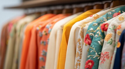 Colorful Embroidered Clothes on Display in Fashion Store