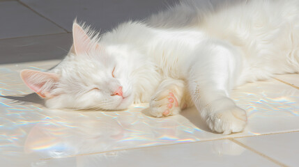 Obraz premium Sleeping white cat basking in sunlight on shiny floor