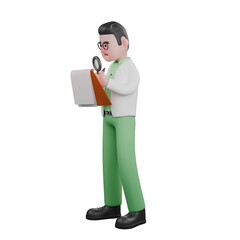 Illustration of a Professional Biologist. A male biologist stands holding a clipboard in his right hand and holding a magnifying glass in his left hand. 3D Male