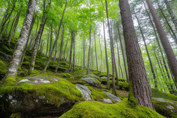 Obraz premium Lush forest with moss-covered rocks and trees