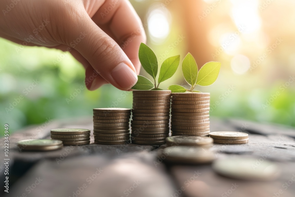 Wall mural a hand placing coins on growing stacks representing business investment and growth in a natural sett