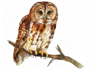 Watercolor clipart of a curious owl perched on a branch detailed and wise-looking