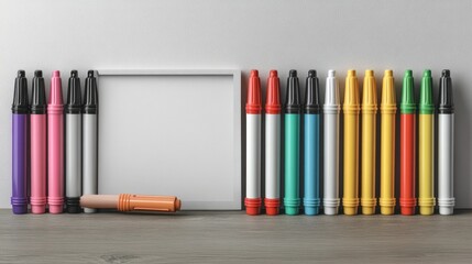 Fototapeta premium A collection of colorful markers next to a blank canvas.
