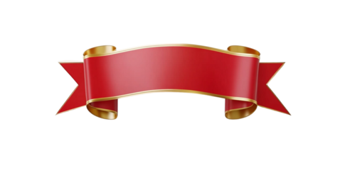 3D realistic red ribbon banner with a gold border, isolated on a white background