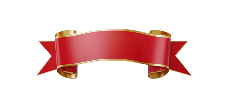 3D realistic red ribbon banner with a gold border, isolated on a white background