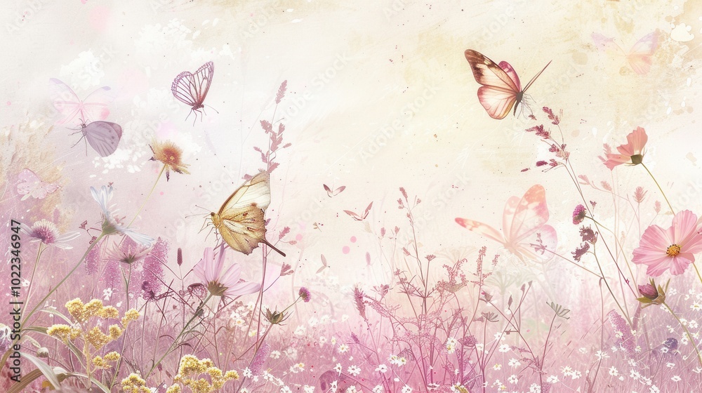 Aufkleber butterflies flutter gracefully around colorful meadow flowers, creating a serene atmosphere in the w
