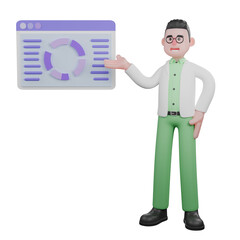 3D Cartoon Field Scientist. A male biologist stands next to a presentation board about analytical data results with a hand gesture pointing to a graph. Ecology Research Scene