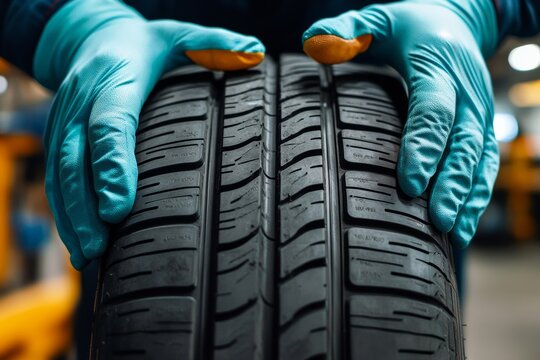 Close-up of mechanic hands holding a new car tire in an auto shop dedicated to tire replacement for various seasons