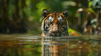 A Tiger Emerges from the Water, Looking Directly at the Viewer