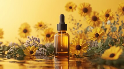 Water-based skincare products, and serums, decorated with flowers, leaves, and water in gold yellow, help design an advertisement to present the product attractively.