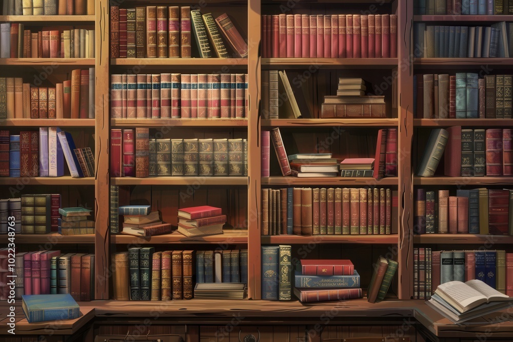 Fototapete wooden shelves are filled with various textbooks and academic literature, creating a warm and inviti
