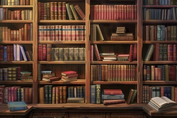 Wooden shelves are filled with various textbooks and academic literature, creating a warm and inviting atmosphere for study. Generative AI