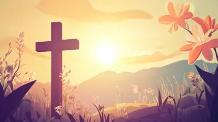 An illustrated resurrection scene captures the essence of the religious Easter theme, showcasing the joyous moment of rebirth and renewal. In the background, a beautiful Easter sunrise illuminates 