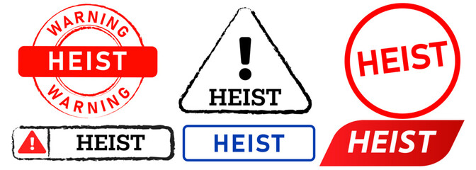 Heist robbery thief breaking in house criminal warning sign stamps alert badges symbol crime information design icon set collection