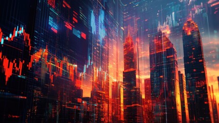 Fototapeta premium Forex chart on cityscape with skyscrapers wallpaper multi exposure. Financial research concept