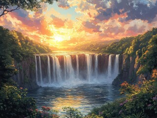 lush landscape painting featuring cascading waterfalls, surrounded by vibrant greenery and serene flora under a soft, glowing sky, evoking tranquility and natural beauty