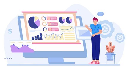 a man presenting data analysis with charts and graphs illustration animated video - Powered by Adobe