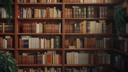 The wooden shelves are filled with a variety of textbooks and scholarly literature, creating a warm and inviting study atmosphere. Generative AI