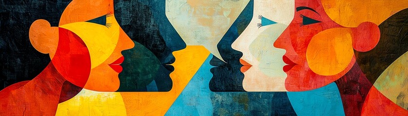 Abstract representation of diverse faces in vibrant colors, symbolizing unity and diversity.