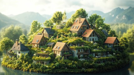 Obraz premium A picturesque island with cozy houses surrounded by lush greenery.