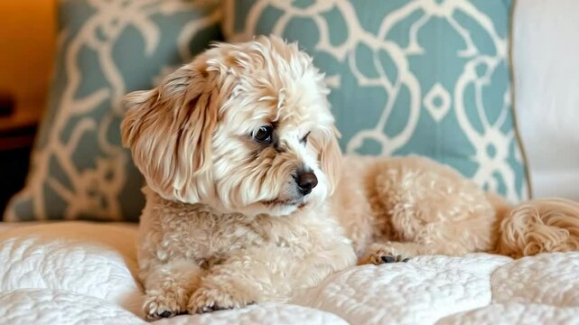 Happy Dog Relaxing on Bed with White Sheets in Cozy Setting
