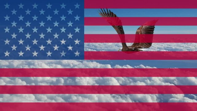 A Bald Eagle Flying High in a Cloudy Sky With a Semi-Transparent American Flag Overlay
