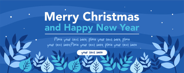 Creative Merry Christmas and Happy New Year flat template with leaves, snow illustration and abstract background for seasonal sale banner, greeting card, poster, cover, web, social media post, flyer