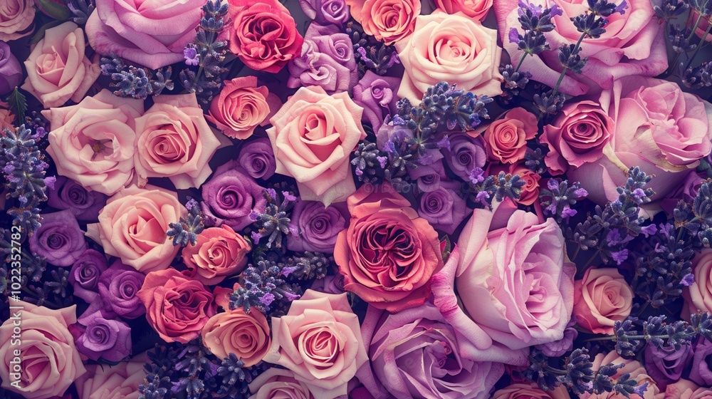 Aufkleber roses in various shades blend beautifully with lavender blooms, creating a stunning visual display i