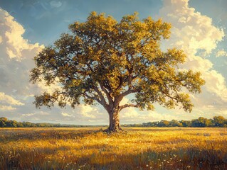Fototapeta premium majestic live oak tree standing alone in an expansive field, its sprawling branches and lush green leaves bathed in golden sunlight, symbolizing strength and resilience in nature
