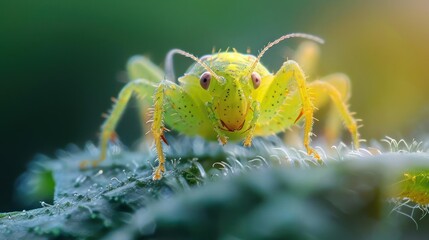 a close up of a yellow insect on a leaf