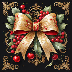 A watercolor painting of a gold and red bow with holly sprigs, cherries and gold embellishments, isolated on a black background.