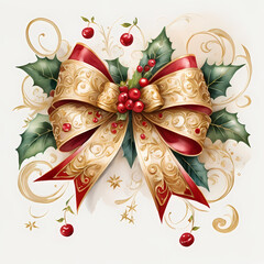 A watercolor painting of a gold and red bow with holly sprigs, cherries and gold embellishments, isolated on a white background.