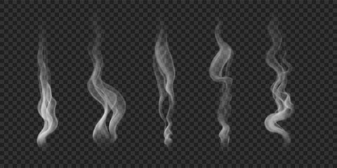 Fototapeta premium Vector realistic wavy сigarette smoke, steam, mist, haze, fragrant fog. Set of white flowing fume isolated on transparent background